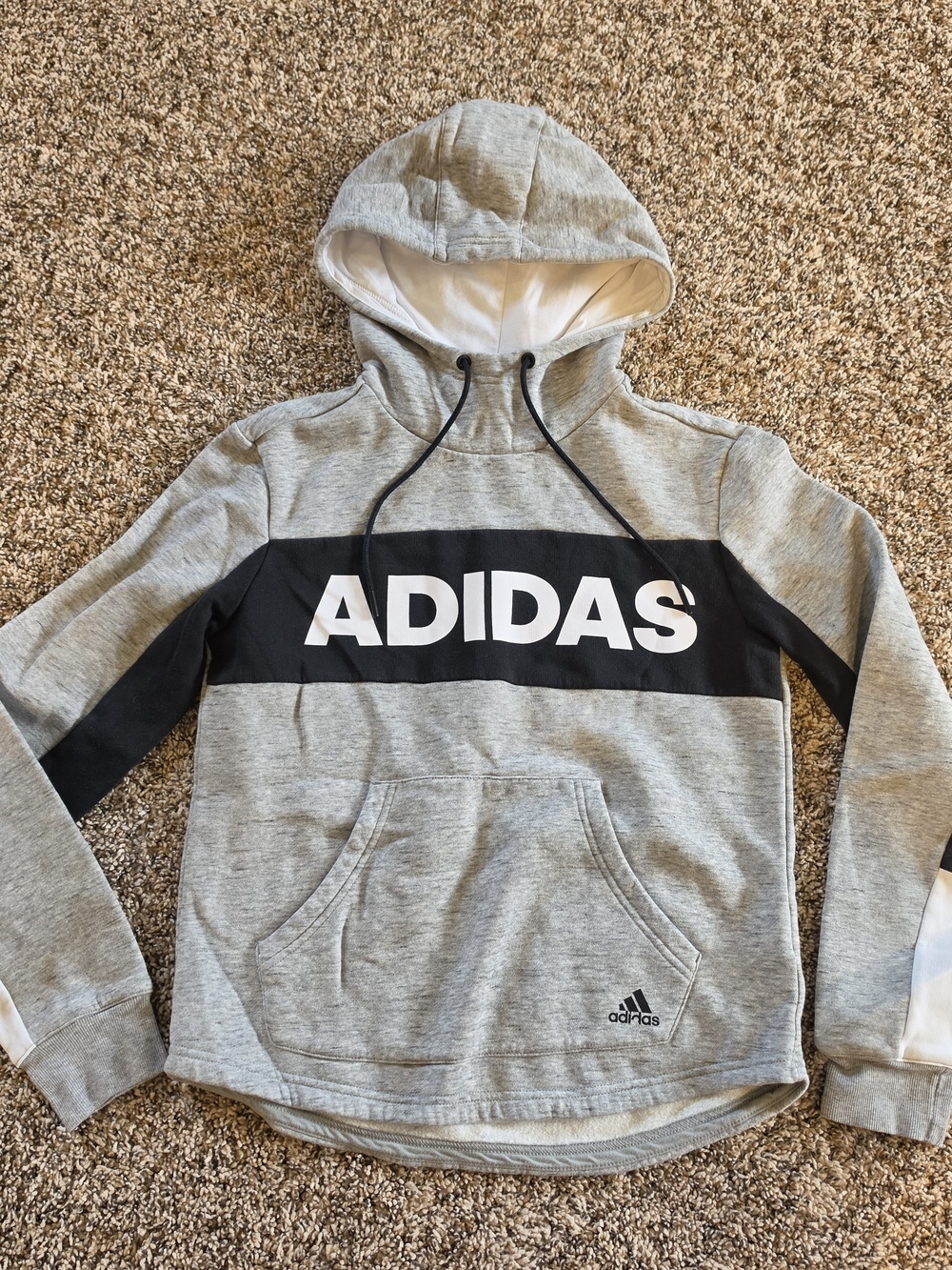 Adidas Women's Grey Hooded Sweatshirt with Contrast Black Chest Panel XS